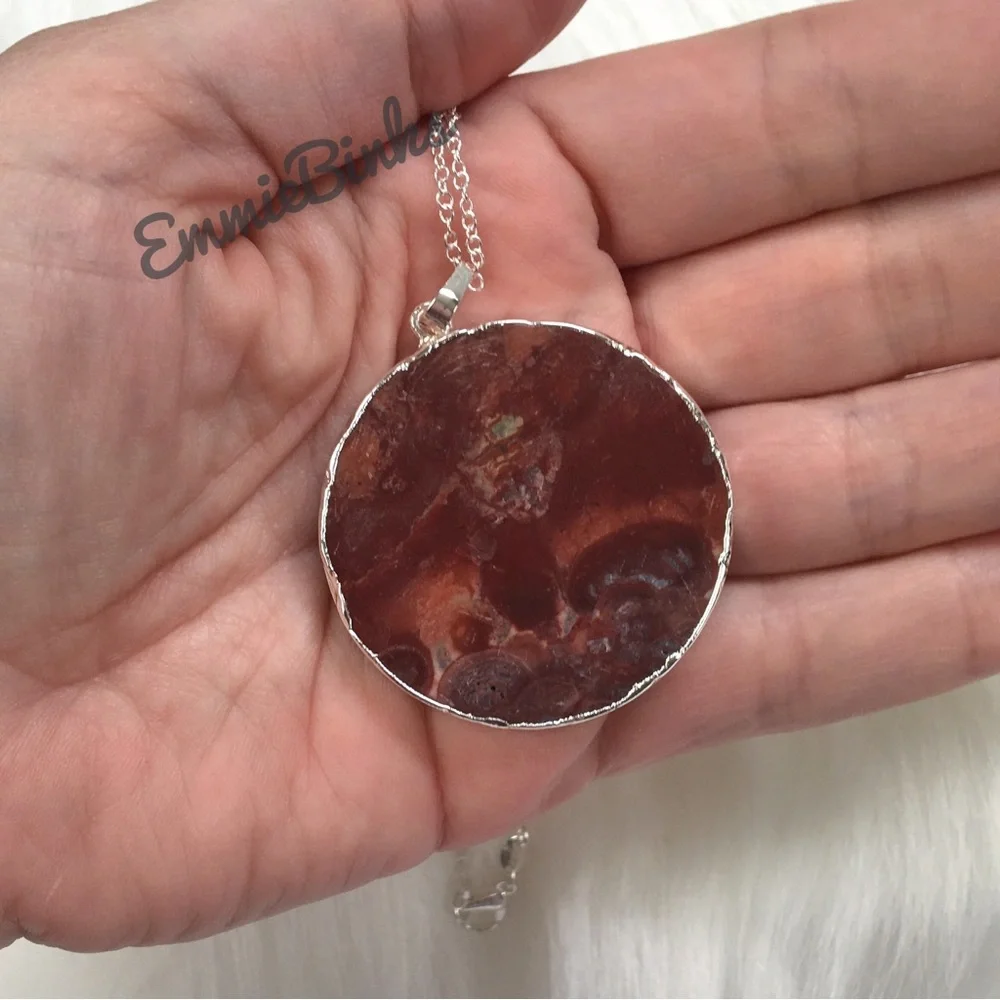 New 925 Sterling Silver Red Mexican Happy Lace Agate Slice Pendant Necklace - Picture 10 of 14